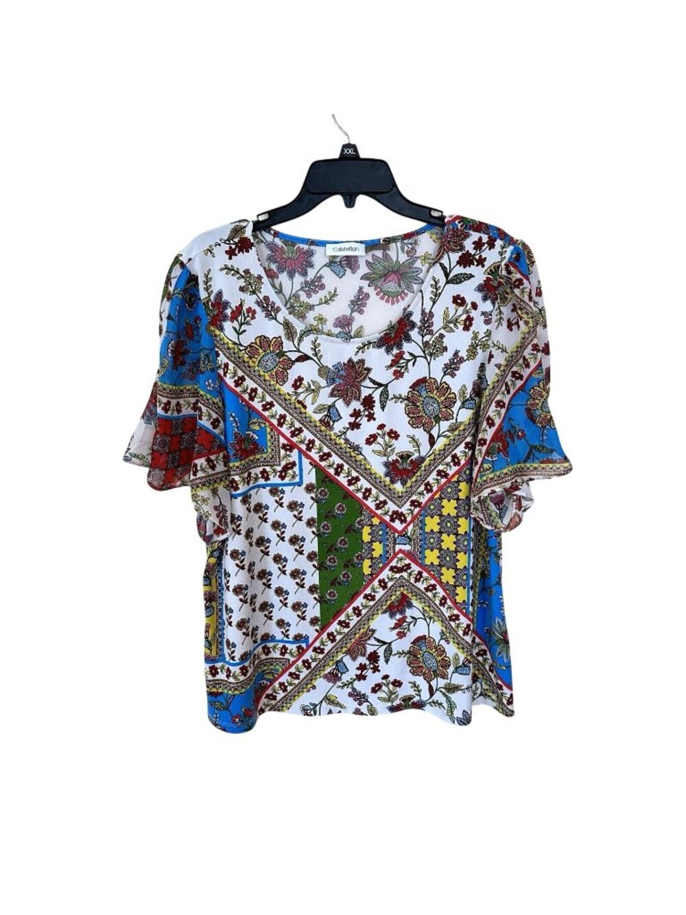 Calvin Klein Womens Multicolor Blouse Floral Short Sleeve Top Shirt XL Career